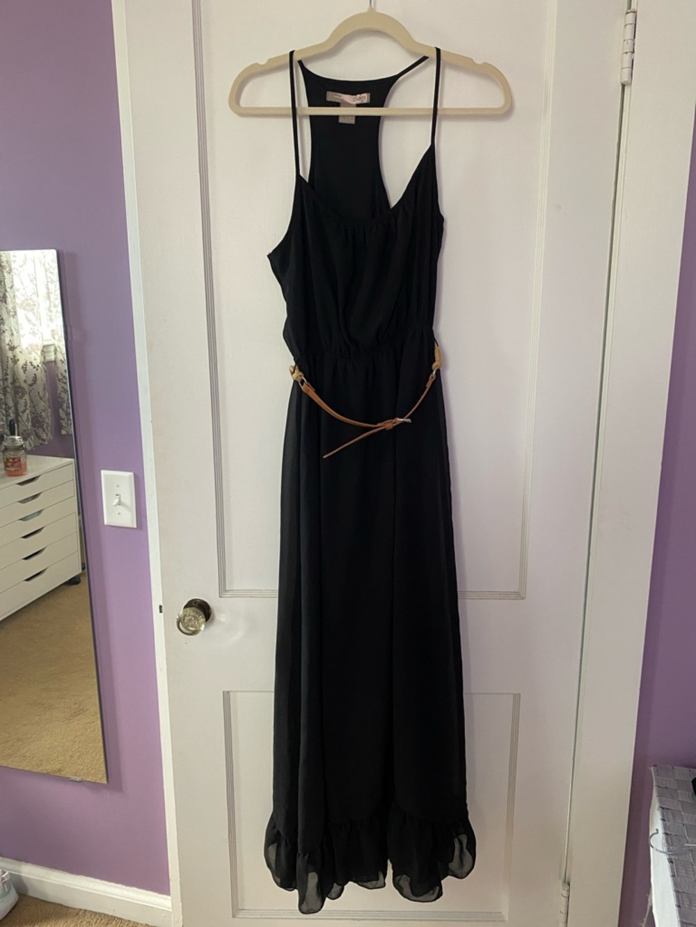 Forever 21 Black Racer Back Maxi Dress with Tan Belt